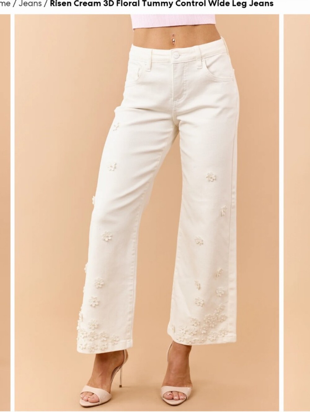 Risen Tummy Control Jeans Cream Wide Leg Floral Appliqué Jeans